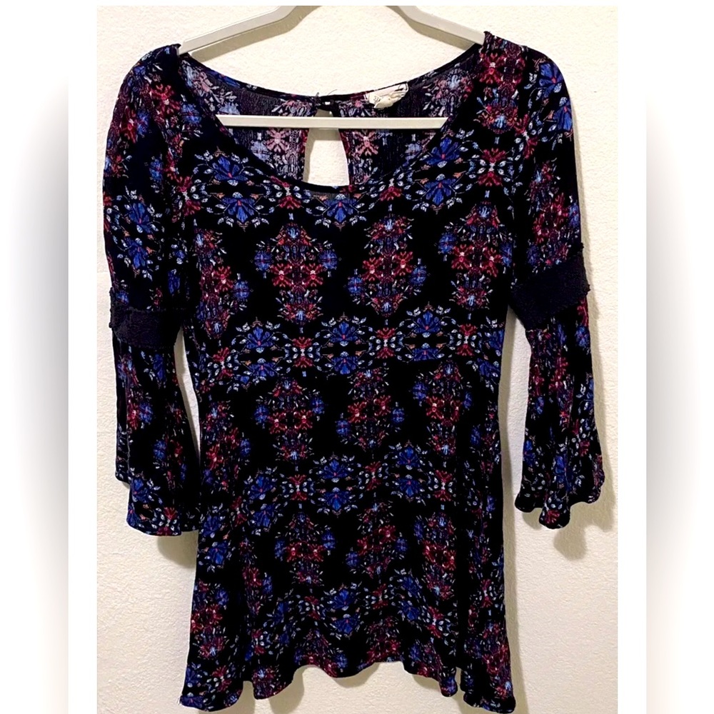 LA Hearts Women Black 3/4 Sleeve Blouse Small Black And Floral
